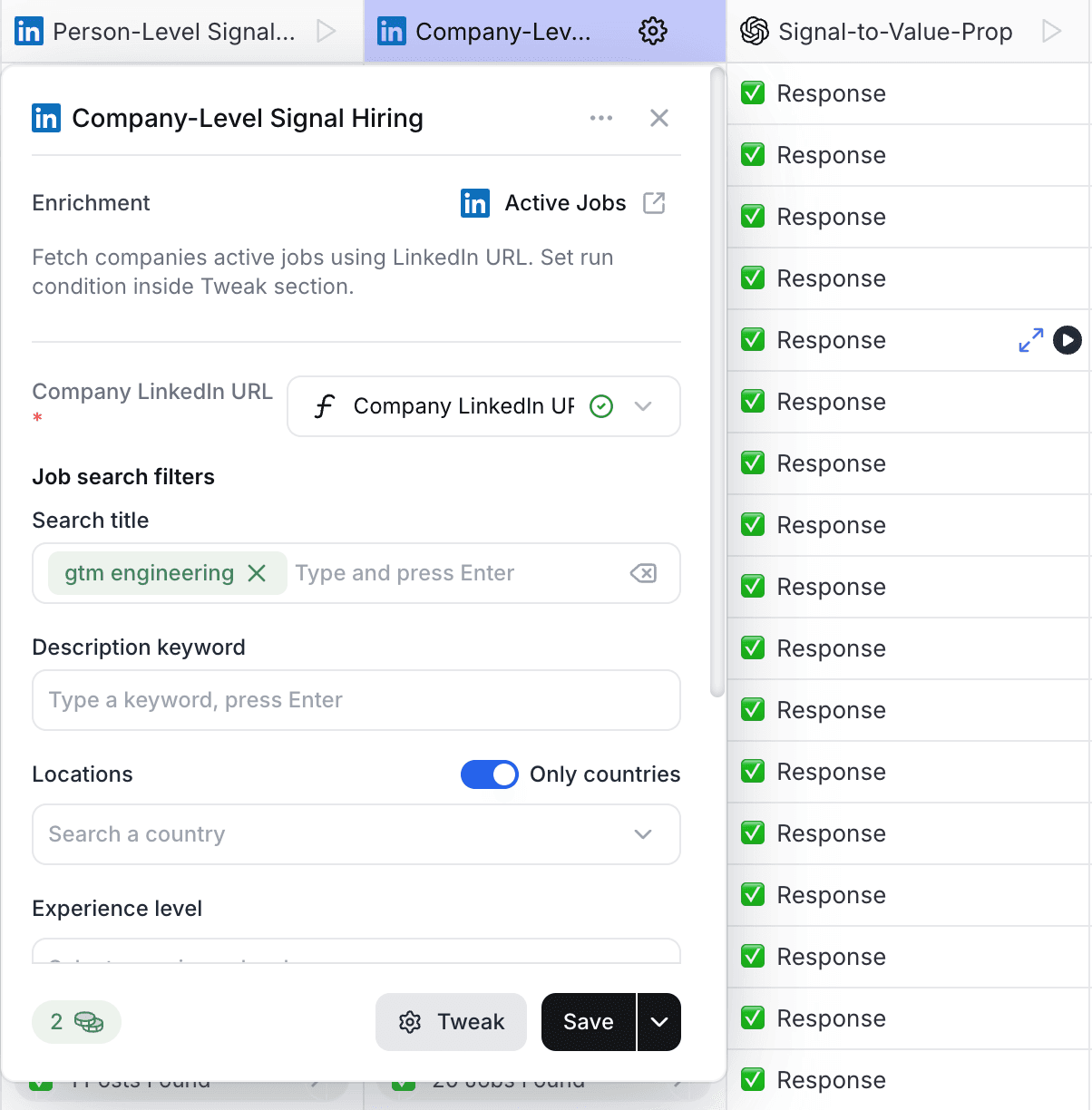 Signals on the account, signals on the person workflow in Bitscale